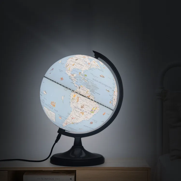 20cm (8") French Language Cartoon World Globe with Black Painted Metal Base & Meridian - World Globe